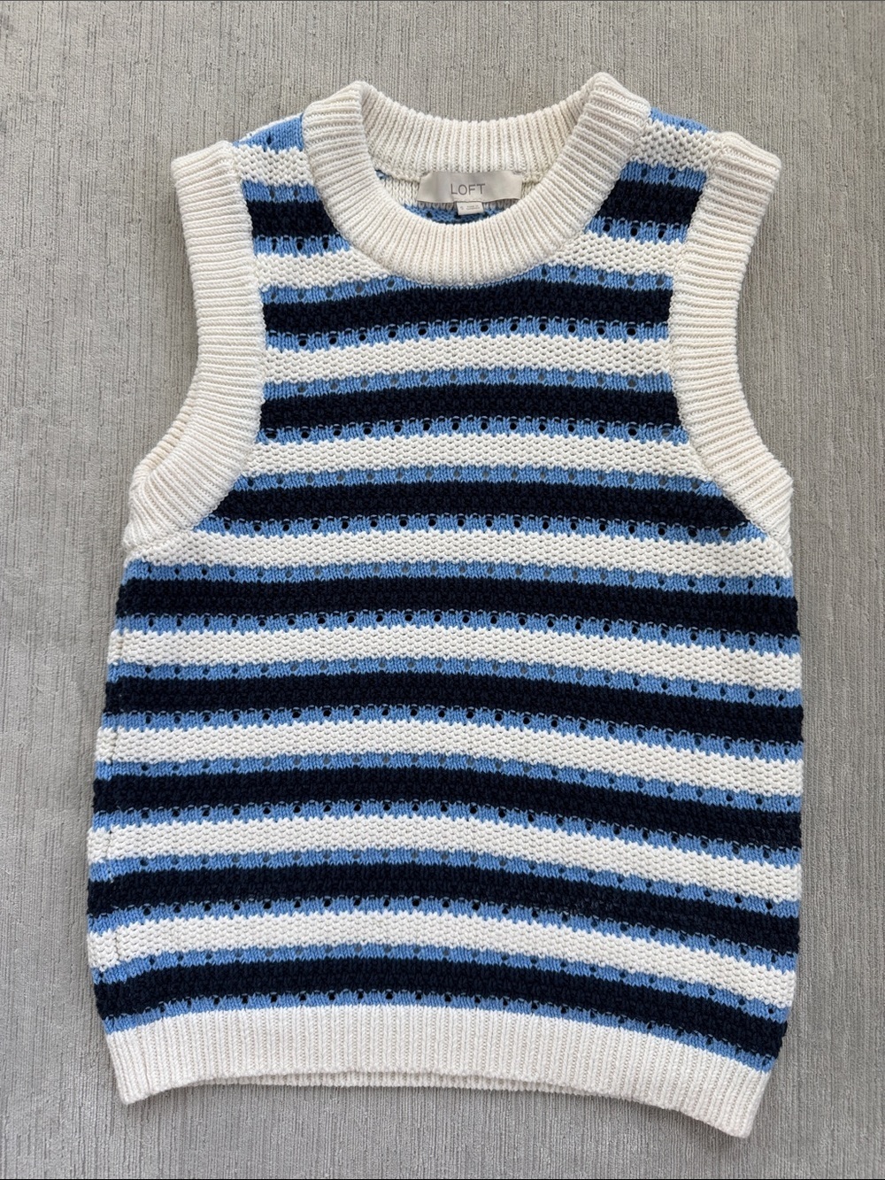 LOFT Blue Striped Knit Sweater Vest Small Cotton Blend Preppy Navy Cream